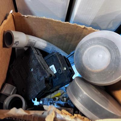 Mixed Box of Electrical Parts: Switches, Boxes, Brackets and Parts 