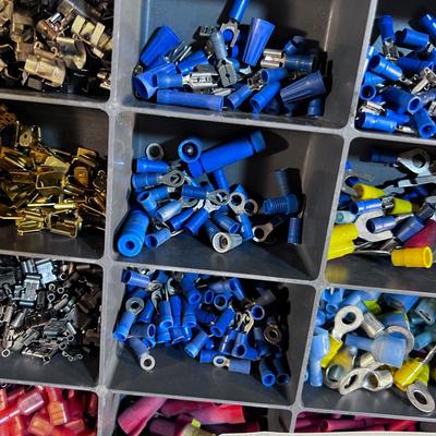 Tote full of Various Electrical Low Voltage Crimp on Connectors