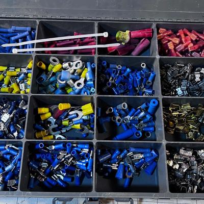 Tote full of Various Electrical Low Voltage Crimp on Connectors