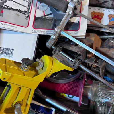 Box of Misc. Tools: Chain Saw Sharpener, Tape Measures, etc. 