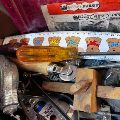 Box of Misc. Tools: Chain Saw Sharpener, Tape Measures, etc. 