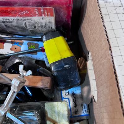 Box of Misc. Tools: Chain Saw Sharpener, Tape Measures, etc. 