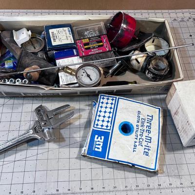 Mixed Tray of Tools: Chain, Hole Saw, Wrench etc. 