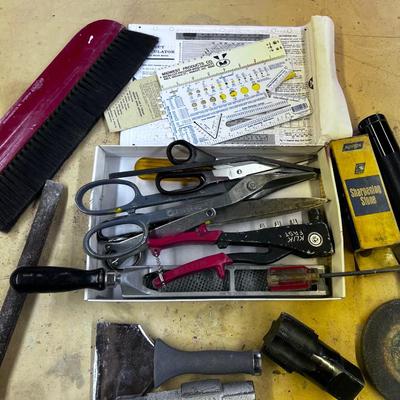 Mixed LOT Of Tools: Flash Light, Tin Snips, Sharpening Stone, includes bucket