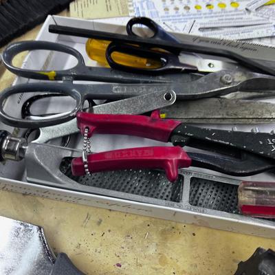 Mixed LOT Of Tools: Flash Light, Tin Snips, Sharpening Stone, includes bucket