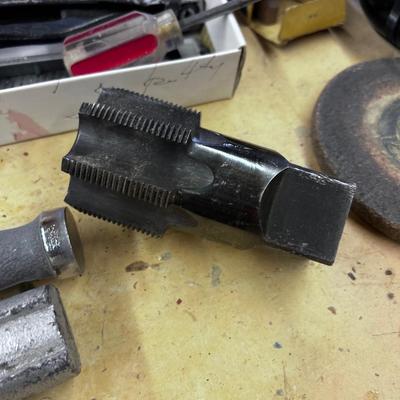 Mixed LOT Of Tools: Flash Light, Tin Snips, Sharpening Stone, includes bucket