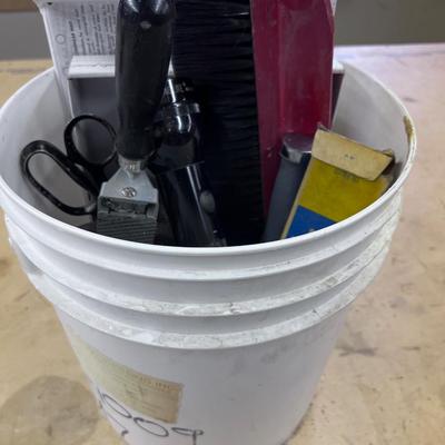Mixed LOT Of Tools: Flash Light, Tin Snips, Sharpening Stone, includes bucket
