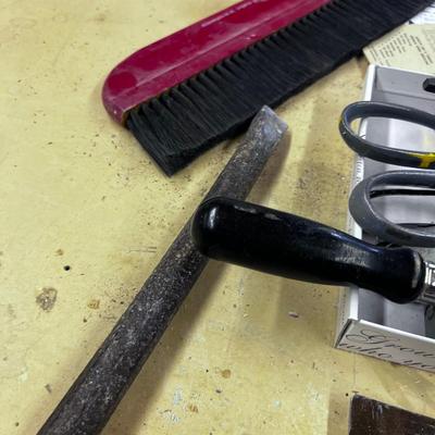 Mixed LOT Of Tools: Flash Light, Tin Snips, Sharpening Stone, includes bucket