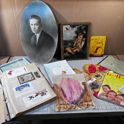 Lot of Vintage Papers including a Scrap Book of Christmas Card 
