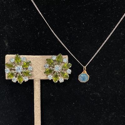 Blue & green B. David clip ons & 14k chain with small pendant