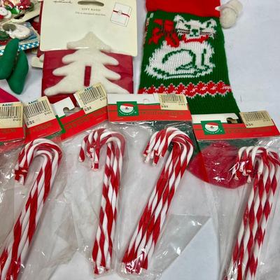 Christmas Decor Lot - candy cane ornaments, sticking, elf, foam stocking cutouts, etc