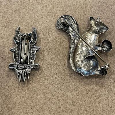 J. Ritter owl pin and fun squirrel & nut pin