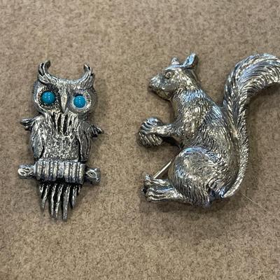 J. Ritter owl pin and fun squirrel & nut pin