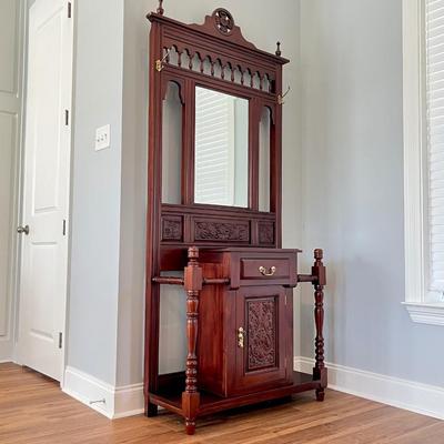 Solid Mahogany Reproduction Hall Stand ~ With Spindle Legs & Brass Hardware