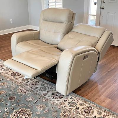 FLEXSTEEL ~ Grant Collection ~ Beige Leather Power Reclining Loveseat With Power Headrest & USB Ports