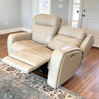 FLEXSTEEL ~ Grant Collection ~ Beige Leather Power Reclining Loveseat With Power Headrest & USB Ports