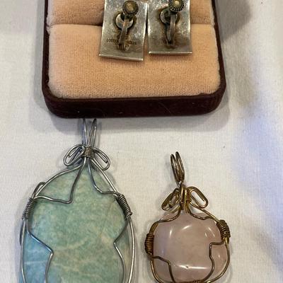 Sterling and abalone earrings and natural stone pendants