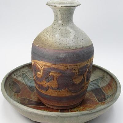 Vintage Primitive Handmade Pottery Art Pitcher Jug with Matching Washing Dish