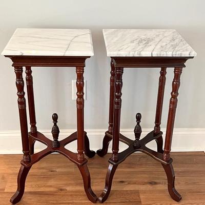 Pair (2) ~ Solid Wood Spindle Leg Side Tables With Marble Tops