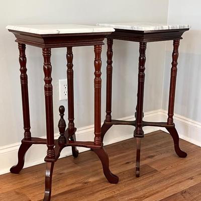 Pair (2) ~ Solid Wood Spindle Leg Side Tables With Marble Tops
