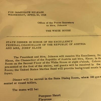 1968 Chancellor Klaus Austria State Dinner Telegram Table Cards Invitation Menu
