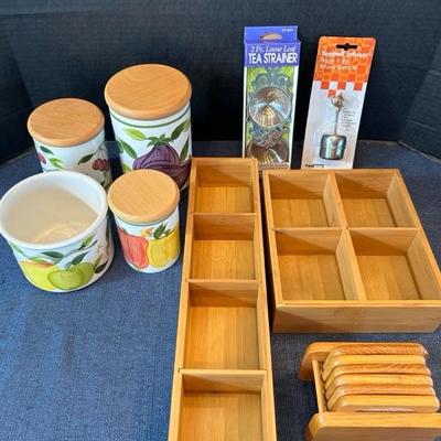 Lot 59 kitchen items Portmeirion canister set , coaster set, tea ball infuser, tea strainer