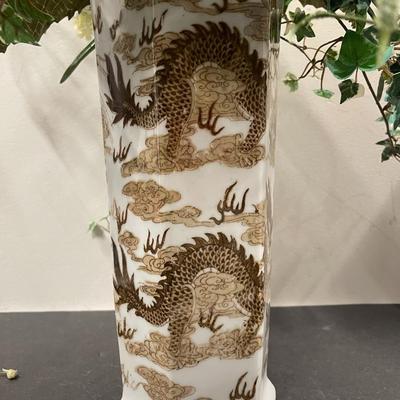 Floral Arrangement in Vintage Brown and White Dragon Chinese Porcelain Vase