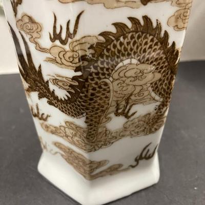 Floral Arrangement in Vintage Brown and White Dragon Chinese Porcelain Vase