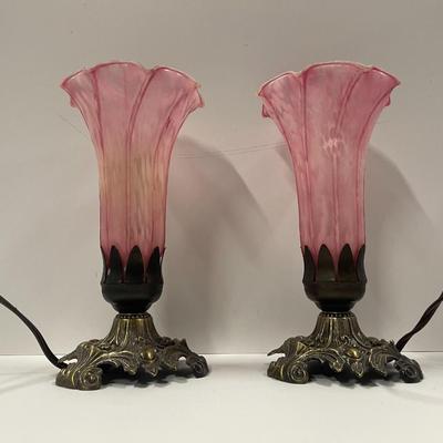 Pair of Pink Floral Glass Lamps