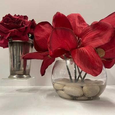 Lot of 2 Red Artificial Flowers in Vases