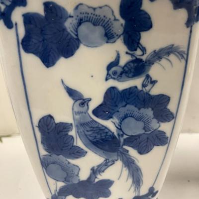 Pair of Blue & White Chinese Porcelain vases with Aritifical Trees