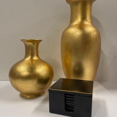 Two Gold Leaf Ceramic Vases and Black Lacquer Coasters