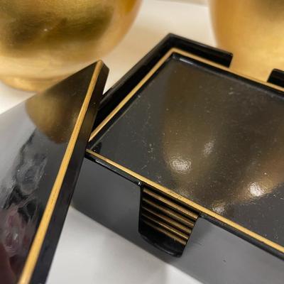 Two Gold Leaf Ceramic Vases and Black Lacquer Coasters