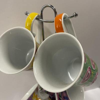 Kathy Davis Dream Porcelain Set of Coffee/Tea Cups with lids and Metal Caddy