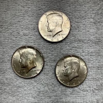 Three 1964 Silver Kennedy Half Dollar Coins BU