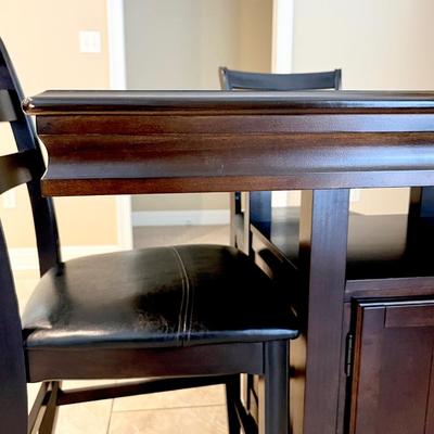 ASHLEY FURNITURE ~ Hayley ~ Dark Inlaid Wood Counter Height Table With Storage ~ Four (4) Barstools