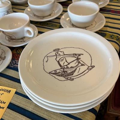 1960 TEPCO, Restaurant ceramic set. Monk, Friar with Fish logo plates, Cups Bowls, platters, tarter, gravy boats, Large Friar beer Sign