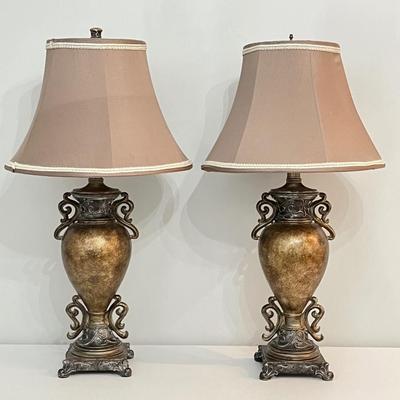 Pair (2) ~ Antiqued Bronze & Silver Ornate Urn Style Lamps