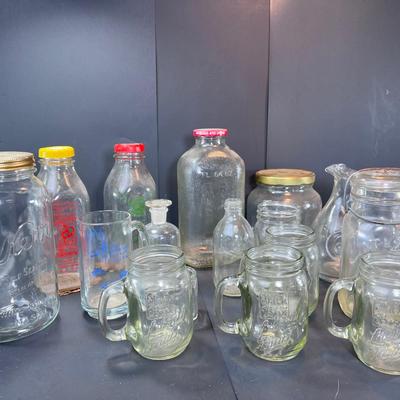 Vintage farmhouse Glass milk bottles Liberty Jack Jar glasses