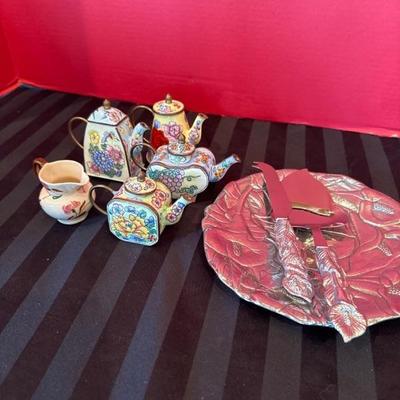Lot 133 Miniature Enameled Floral Metal Tea Pot/Kettle