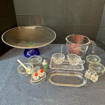 Lot 138 Measuring cup, salt & pepper shakers, guzzini acrylic bowl with pedestal