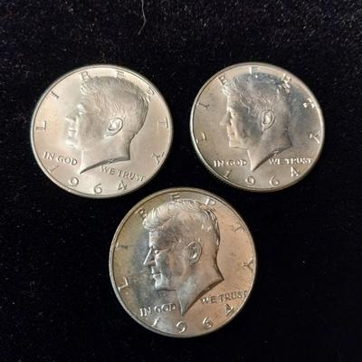 3 KENNEDY 1964-D SILVER HALF DOLLARS