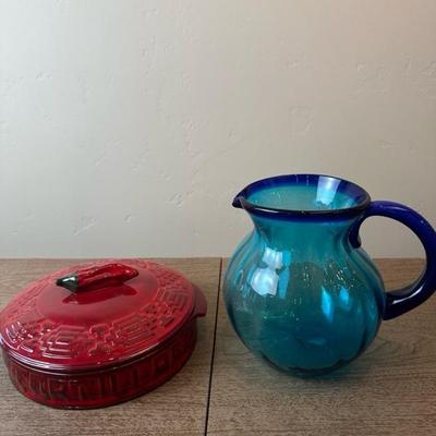 Lot 161 tortilla warmer and hand blown glass pitcher