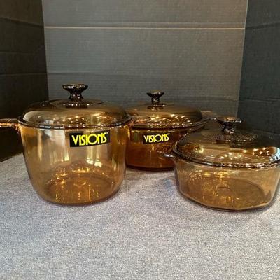 Lot 143 Pyrex Visions amber cookware, 3.5 L, 2.25L, 5 L