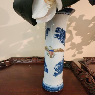 Pair Mottahedeh Porcelain Diplomatic Eagle Trumpet Vase with Arrangements