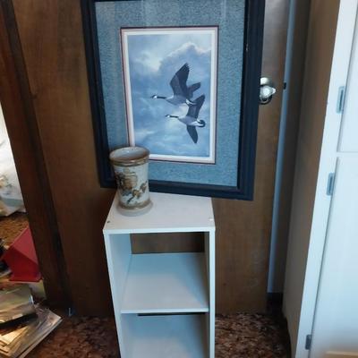 SIGNED RON STAKER PRINT, CLAY VASE AND SMALL SHELF
