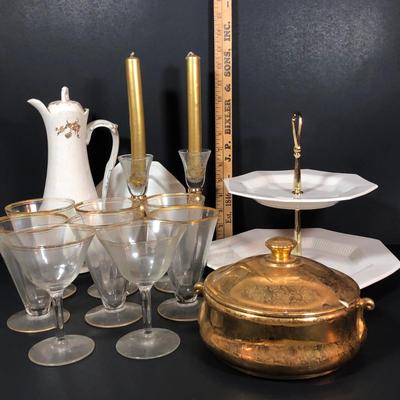 LOT 17L: Vintage Gold Rim Cocktail Glasses, Independence Ironstone Interpace Tiered Tray, Tall Teapot, Lady Hamilton 22kt Gold Painted...