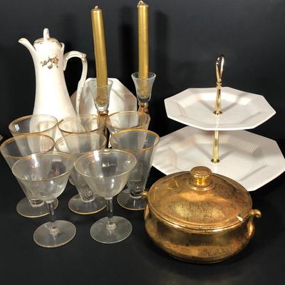 LOT 17L: Vintage Gold Rim Cocktail Glasses, Independence Ironstone Interpace Tiered Tray, Tall Teapot, Lady Hamilton 22kt Gold Painted...