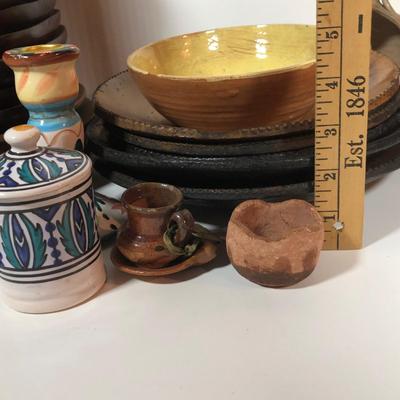 LOT 18L: Vintage Earthy Kitchen Collection - Stangl Pottery Mini Jug Candle Holder, Caribicraft Solid Mahogany Wooden Plates, Mini...