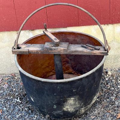 LOT 169G: Antique Large Copper Apple Butter / Scrapple Kettle / Cauldron with Churn - 28